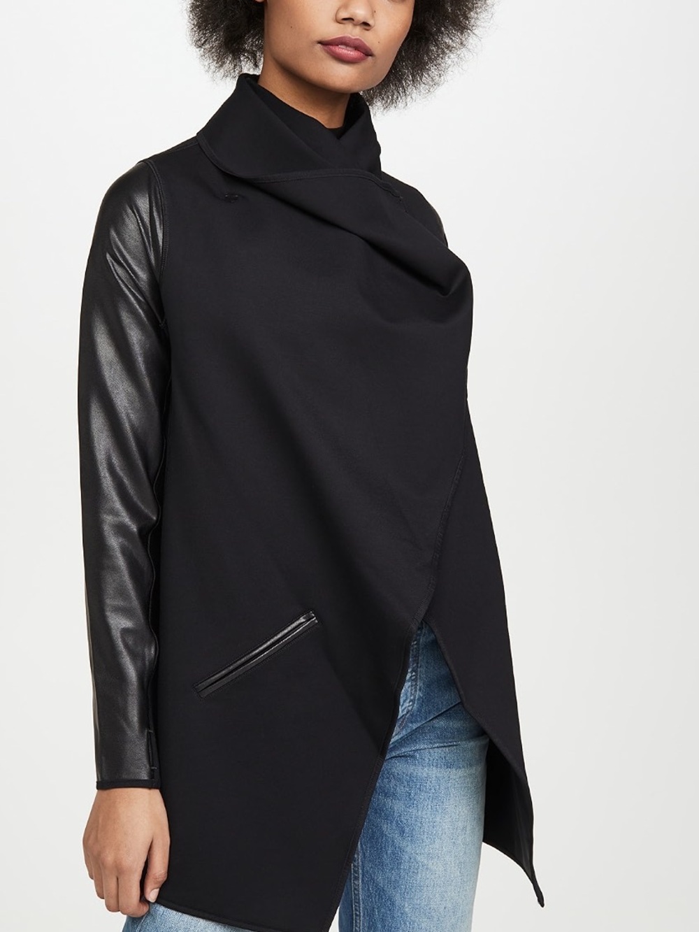SPANX Black Drape Front Asymmetric Faux Leather Ponte Knit Jacket XS